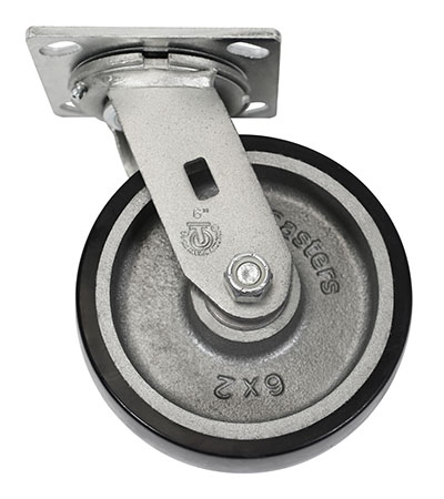 Side view of swivel caster with black and silver wheel
